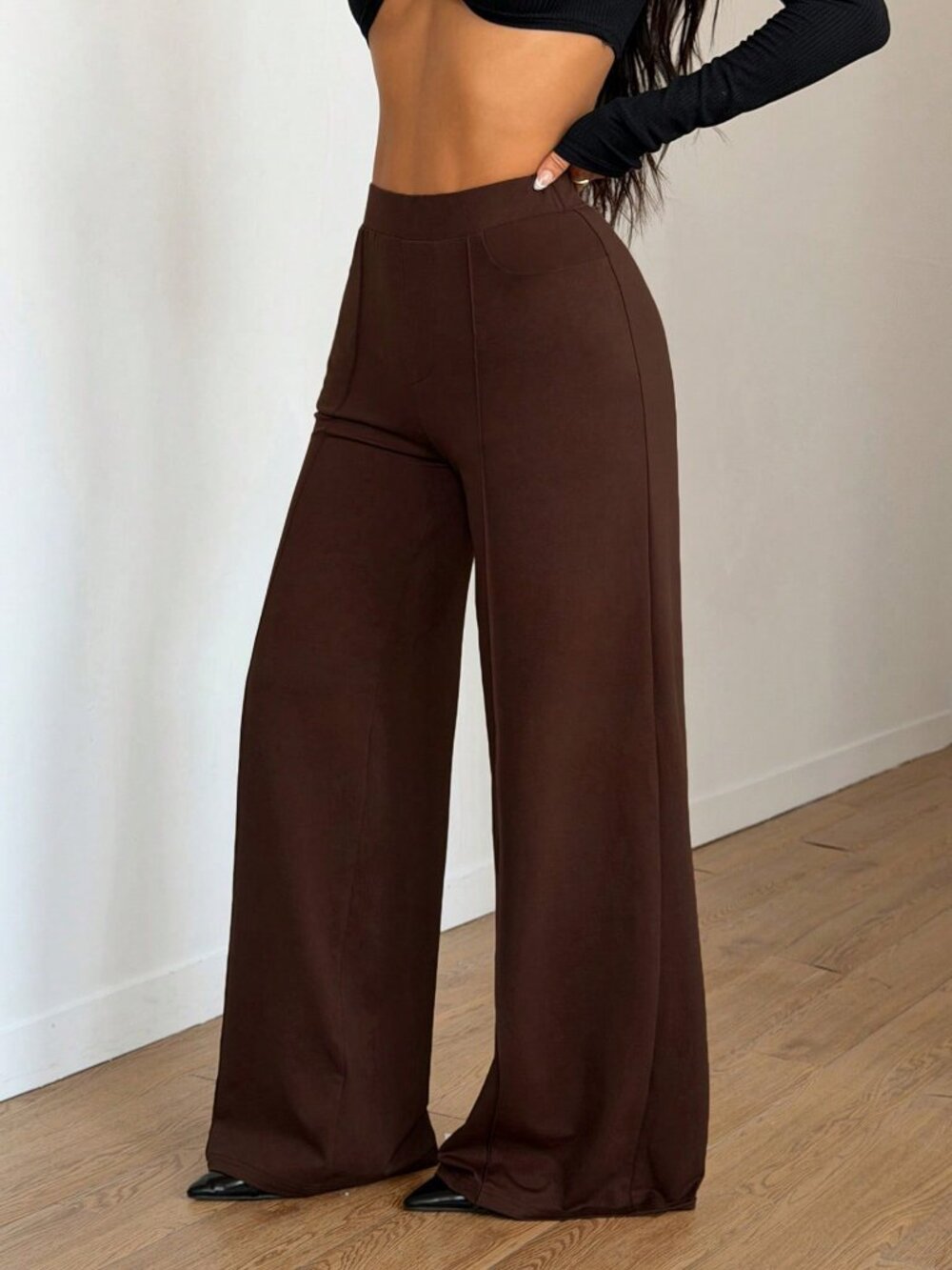 Brown Elegant Women's Regular Fit Elastic Waist Pocket Wide Leg Pants - Picture 4 of 7